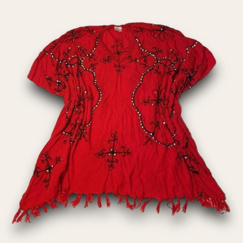 Unitalla Red Black Swim Coverup Poncho Fringe Sequins Summer Rave Boho One Size